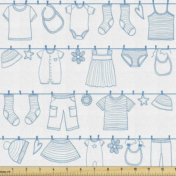 Cartoon Upholstery Fabric by the Yard, Drying Clothes Socks Sweater Dress Pants and Skirt Hand Drawn Sketch Style, Decorative Fabric for DIY and Home Accents, White Blue by Ambesonne