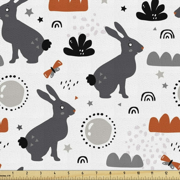 Ambesonne Cartoon Fabric by the Yard Upholstery, Bunnies in Forest Doodle, 1 Yard, Burnt Orange Grey and White