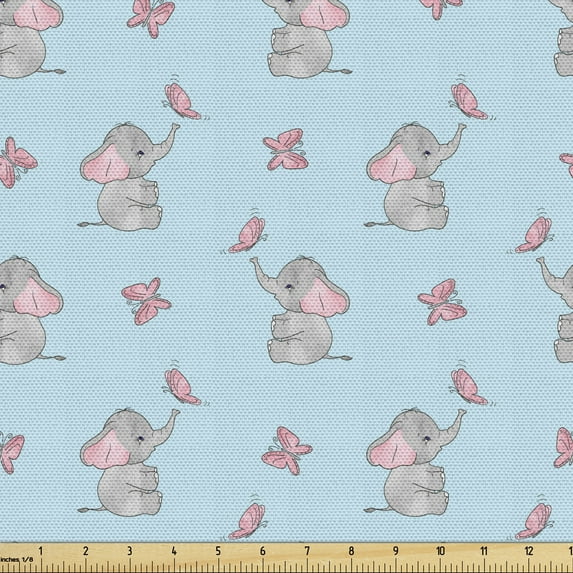 Ambesonne Cartoon Fabric by the Yard Upholstery, Elephants and Butterflies, 3 Yards, Pale Blue Pearl Pale Pink