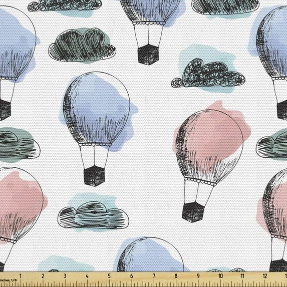 Ambesonne Cartoon Fabric by the Yard Upholstery, Balloons in Sky Adventure, 1 Yard, Ceil Blue Blush and White