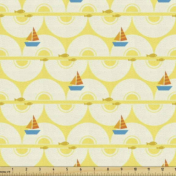 Ambesonne Cartoon Fabric by the Yard Upholstery, Marine Theme Boats and Fish, 1 Yard, Multicolor