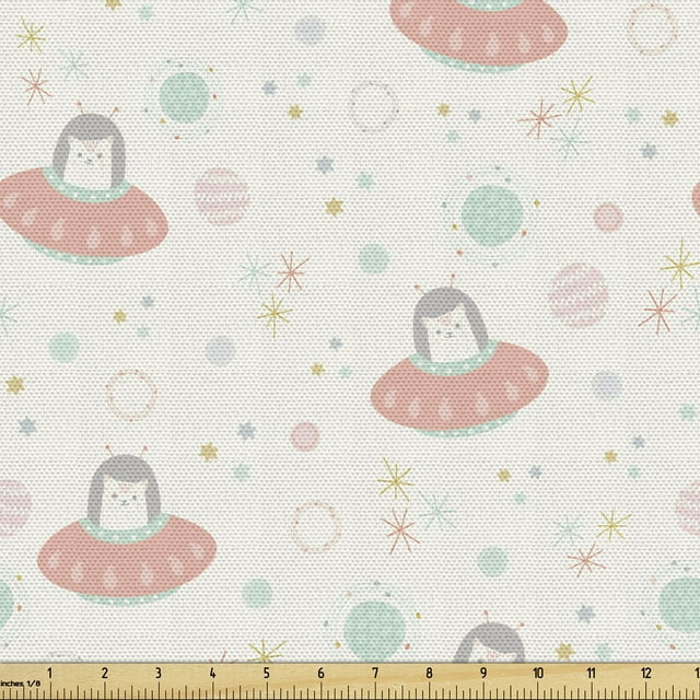 Ambesonne Cartoon Fabric by the Yard Upholstery, Pastel Space Cats and Stars, 1 Yard, Eggshell Multicolor