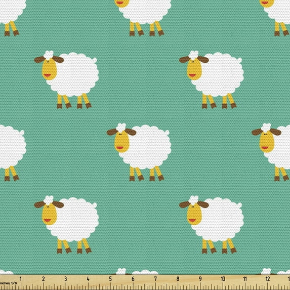 Ambesonne Cartoon Fabric by the Yard Upholstery, Sheep Bedtime Motif, 10 Yards, Sea Green Orange White