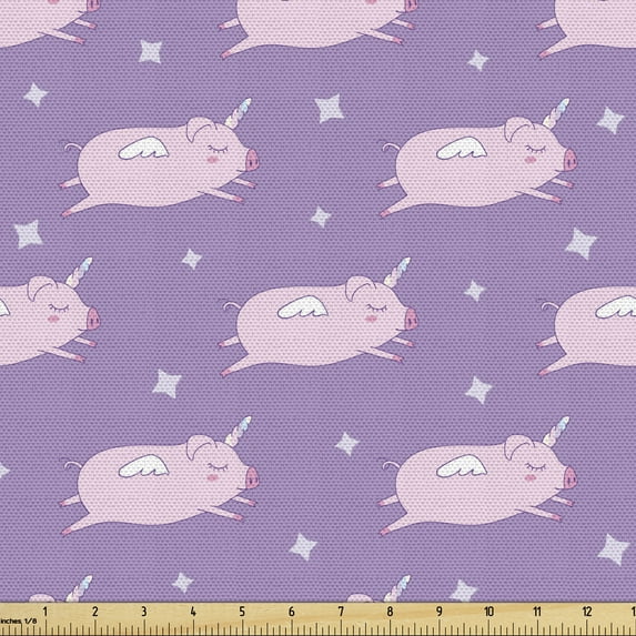 Ambesonne Cartoon Fabric by the Yard Upholstery, Sleeping Pigs with Wings, 3 Yards, Pale Pink Pale Purple