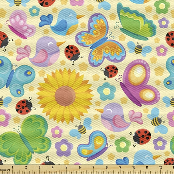 Cartoon Upholstery Fabric by the Yard, Spring Themed Vivid Colored Seasonal Elements Blooming Flowers Ladybugs Bees Birds, Decorative Fabric for DIY and Home Accents, Multicolor by Ambesonne