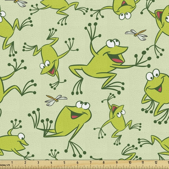 Ambesonne Cartoon Fabric by the Yard Upholstery, Frogs Dragonflies, 10 Yards, Pale Green Apple Green
