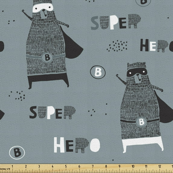 Ambesonne Cartoon Fabric by the Yard Upholstery, Super Hero Typographic, 1 Yard, Slate Blue and Charcoal Grey