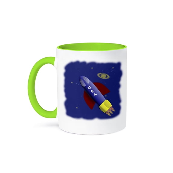 3dRose, Cartoon USA rocket ship headed into space, 11oz Two-Tone Green Mug