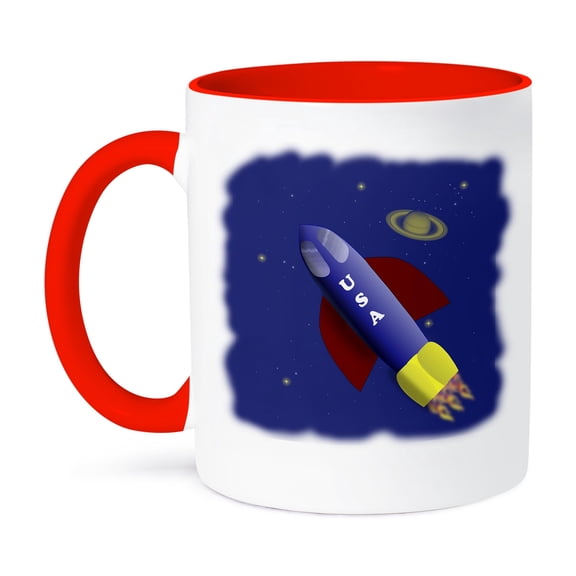 3dRose, Cartoon USA rocket ship headed into space, 11oz Two-Tone Red Mug