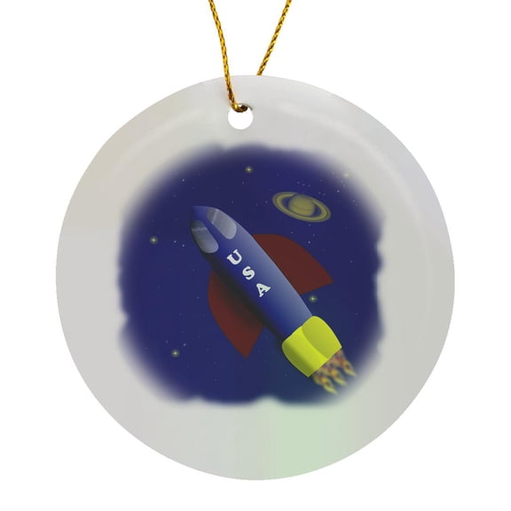 Cartoon Usa Rocket Ship Headed Into Space, Circle Porcelain Ornament