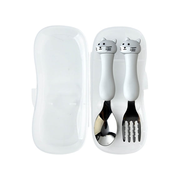 Cartoon Utensil Set, Stainless Steel Spoon and Fork with Travel Case, Compact Size for On the Go Encourages Independent Eating BPA Free Baby Feeding Silverware 6.89x3.15 Inch