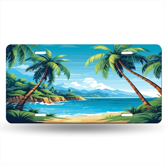 Cartoon Vector Style Landscape View Of The Palm Trees Decorative Signboard, Decorative Metal Plate with 4 Holes, 6x12inch Artistic Plate Frame