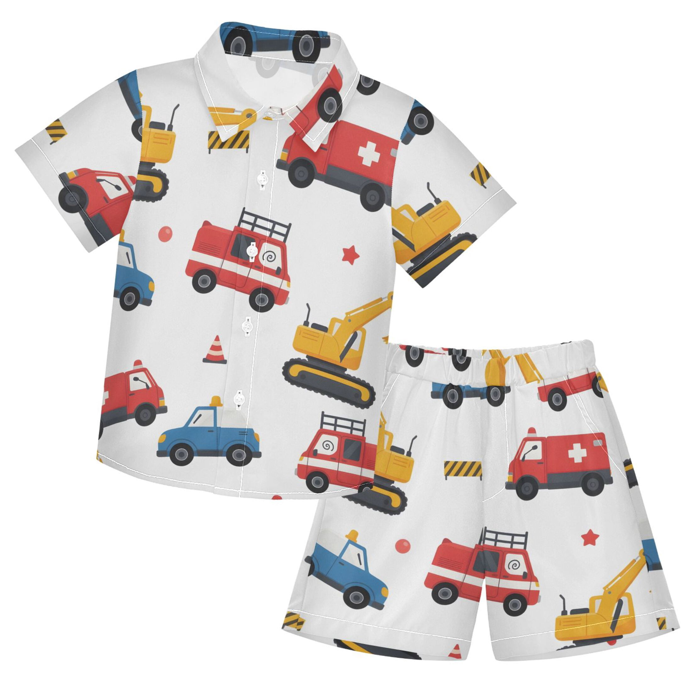 Cartoon Vehicles Boys' Hawaiian Shorts Sets Button Down Shirts 3T-10Y ...