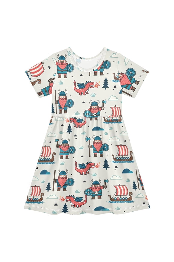 Cartoon Vikings and Dragon Short Sleeve Dress A-Line Cute Midi Casual Sundress 2-8 Years