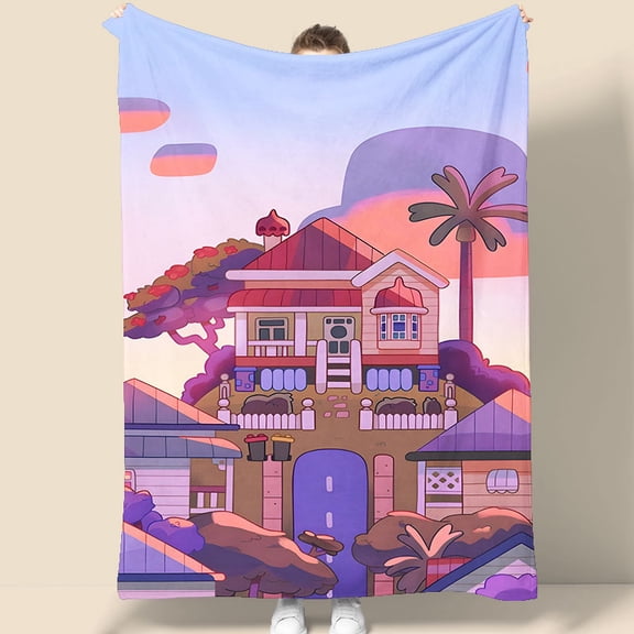 Cartoon Village Tapestry 70.07 x 90.55 inches Pastel Sunset Scene Wall Hanging for Bedroom Living Room Dorm Decor