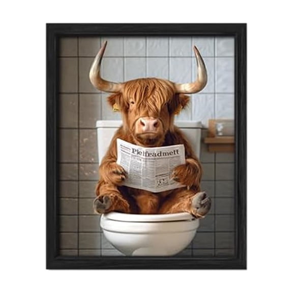 Cartoon Wall Art Funny Humor Picture Fun Cattle Painting for Bathroom Bedroom Kids Room with Frame