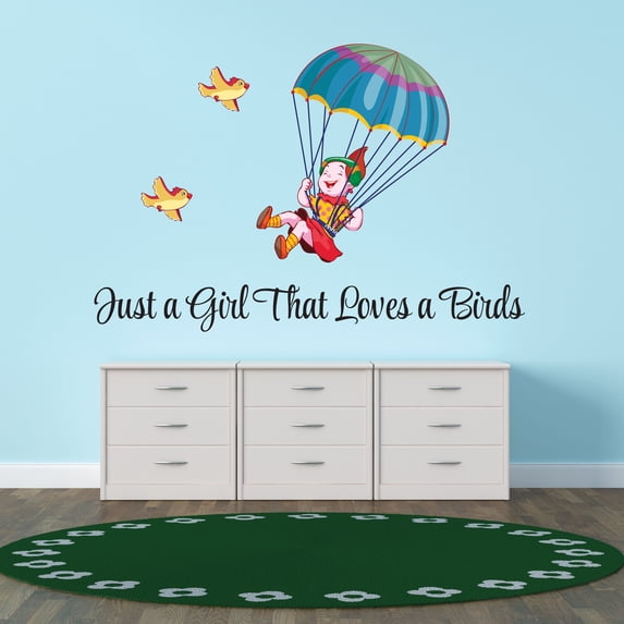 Cartoon Wall Decals for Boy's Bedroom - Happy Kid Flying Parachute on Sky with Birds Wall Sticker Decal With Easy Installation Instructions Kid's Bedroom Décor Wall Sticker - Size: 30 In x 21 In