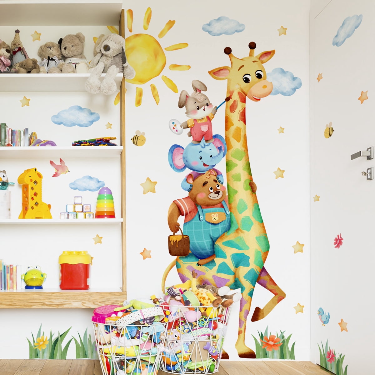 Cartoon Wall Decals Colorful Giraffe and Animals Wall Stickers for Kids ...