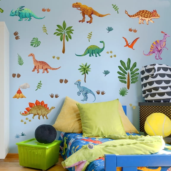 Cartoon Wall Decals Dinosaur Plants Stickers Vinyl Peel and Stick for Kids Bedroom Living Room Playroom Background Decor 55"x53.3"