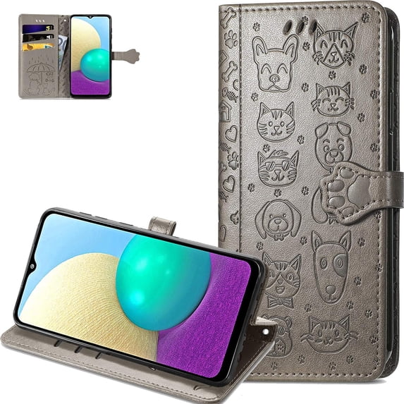 Cartoon Wallet Case For Xiaomi Redmi Note 10 4G(Not 5G) With Cat Dog Style Flip Phone Cover with Card Holder Wrist Strap & Screen Protector Kickstand PU Leather Case for Redmi Note 10S MG Grey