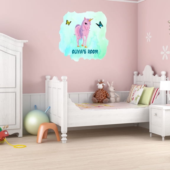 Cartoon Watercolor Custom Name Wall Decals for Kids Room - Mythical Creature Blue Background Design Legendary Creature Personalized Bedroom Wall Sticker Water Color Style - Size: 9 In x 10 In