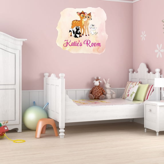 Cartoon Watercolor Custom Name Wall Decals for Kids Room - Young Deers Skunk & Bunny Rabbit Design Wild Animals Personalized Bedroom Wall Sticker Water Color Style - Size: 30 In x 24 In