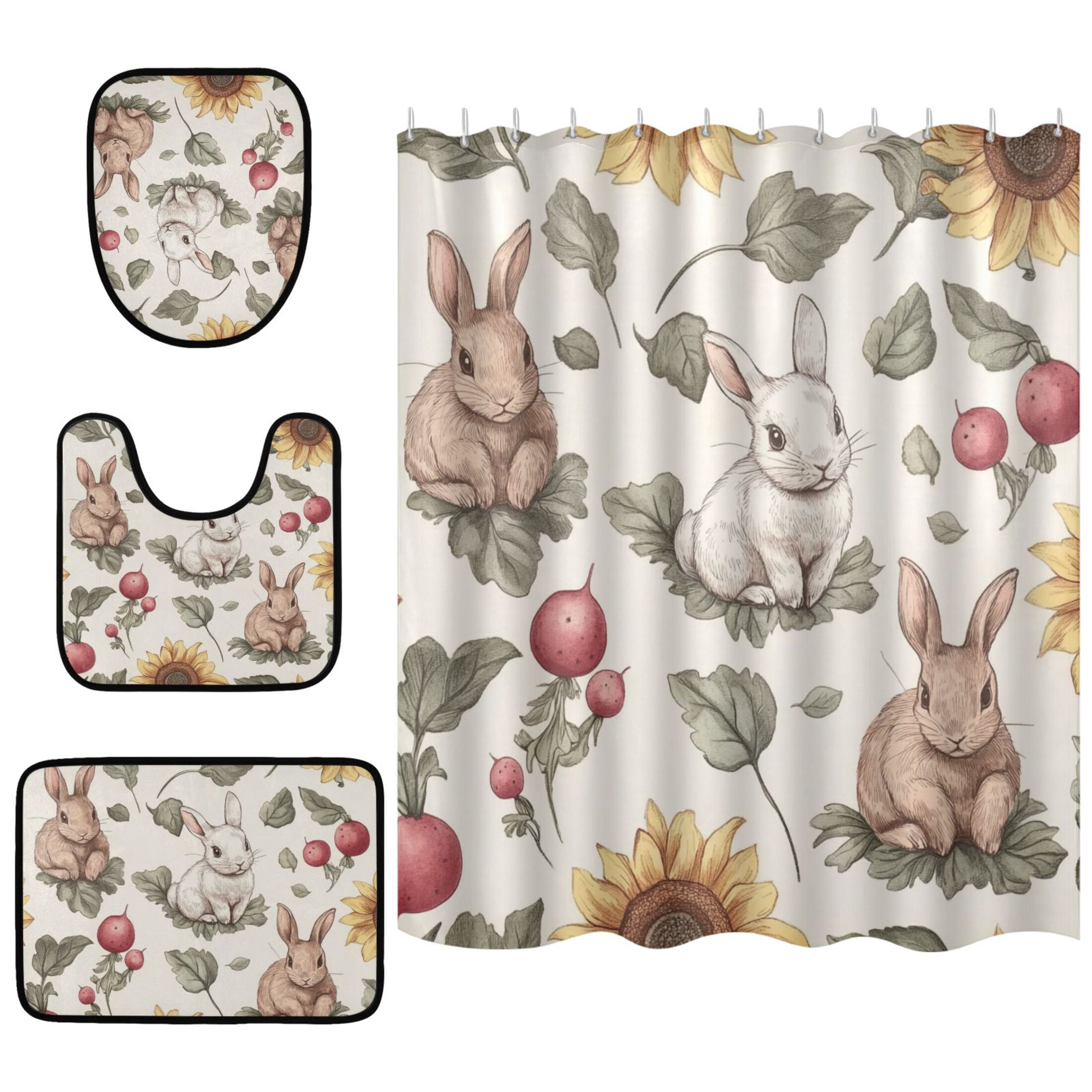 Cartoon Watercolor Rabbits 4 Pcs Bathroom Shower Curtain Set with Rugs ...