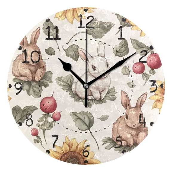 Cartoon Watercolor Rabbits Round Wall Clock Silent Battery Operated Home Decor for Living Room Bedroom
