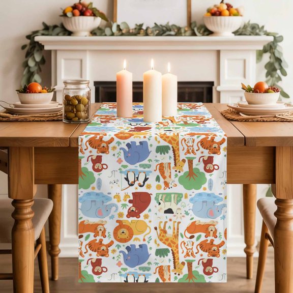 Cartoon Watercolor Zoo Animals Table Runner 70 Inches Long,Kitchen Dining Tablerunners Cute Lion Tiger Monkey Bear Linen Table Runners Dresser Scarves for Home Dinner Wedding Holiday Party Decor