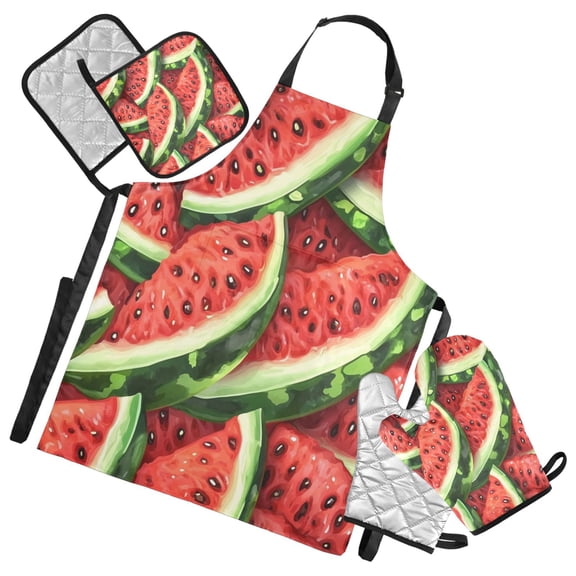 Cartoon Watermelon Pattern Oven Mitts and Pot Holders with Chef Apron Set 5 Pcs Kitchen Cooking Set