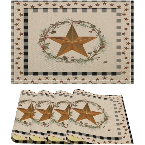 Cartoon Western Texas Star Placemat,Rustic Vintage Nature Primitive Botanical Black Checkered Table Decoration for Indoor Outdoor Party Kitchen Dining Set of 4 12x18in