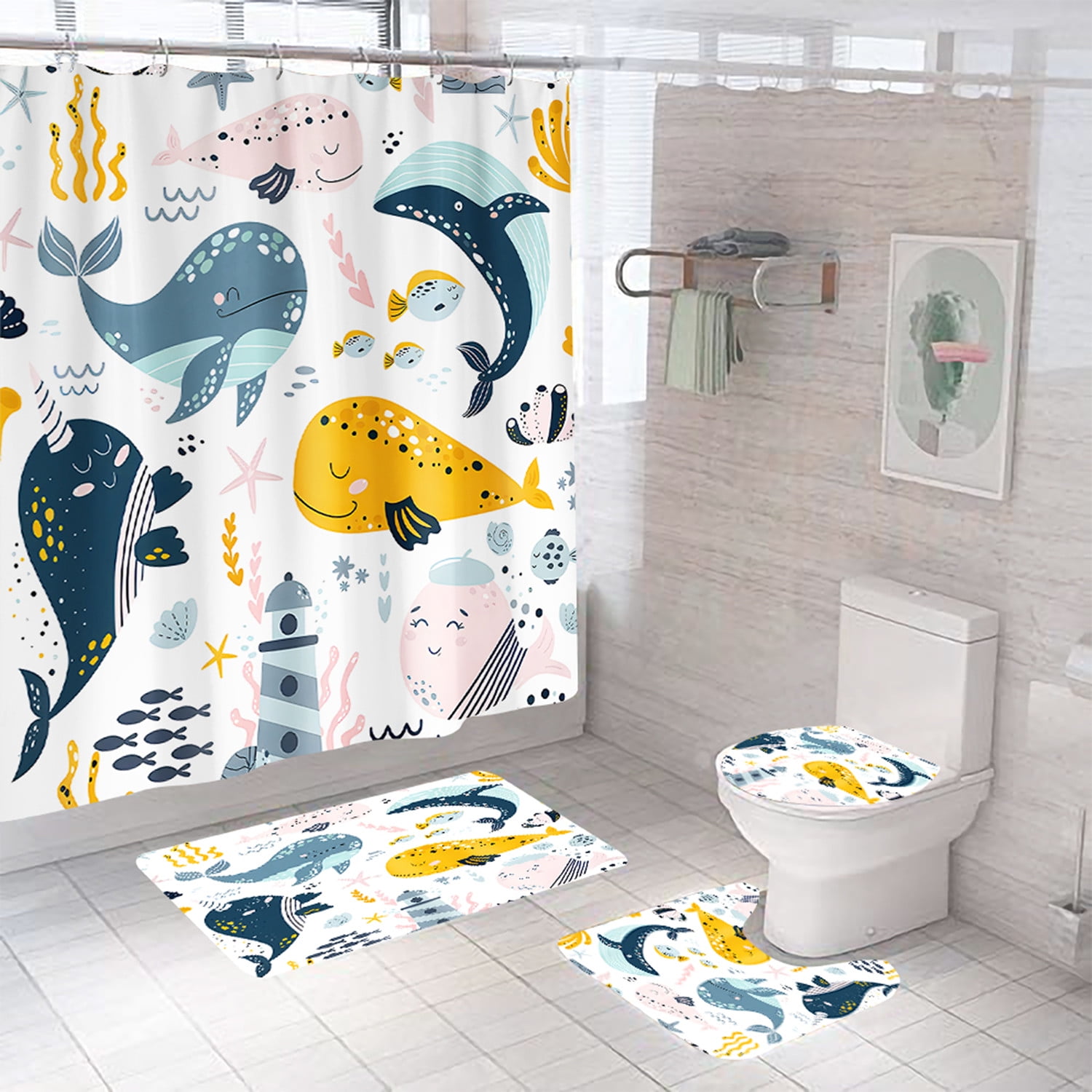 Cartoon Whale Kids Shower Curtain and Bath Rug Set 4 Pcs Fabric Cute Bathroom Curtain Set Decor 72x72 inches