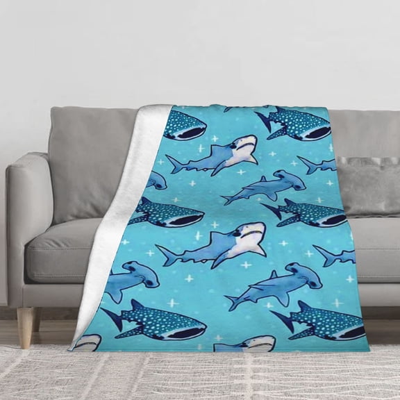 Cartoon Whale Shark Hammerhead Shark All Over Print Flannel Throw Blanket, Reversible Sherpa Fleece Light Blue Cute Ocean Sea Animal Decor Blanket for Sofa Bed, Kids Marine Life Cozy Gift Blanket