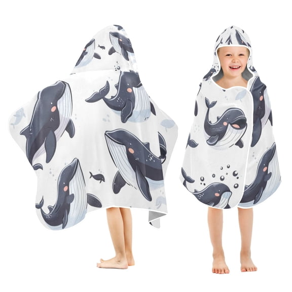 Cartoon Whale Toddler Hooded Beach Towel 24" x 50" Kids Bath Towels Soft Quick Dry for Swim Pool Boys Girls