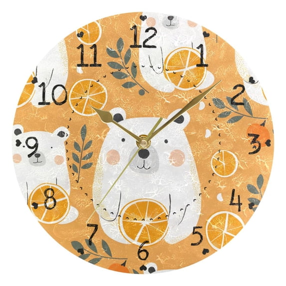Cartoon White Bears Leaves Oranges Round Wall Clock Silent Analog Battery Operated Gold Pointer Home Decor 9.84" Diameter