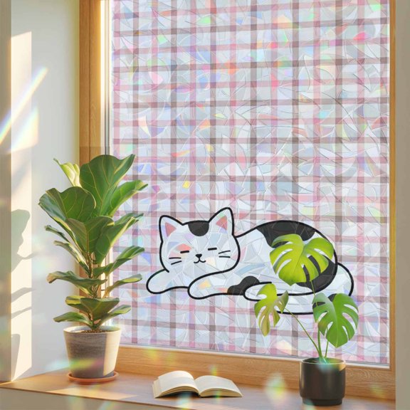 Cartoon White Black Cute Kitty Window Privacy Film, Rainbow Film Decorative Window Sticker 17.7x39.3in, Pink White Plaid Sun Blocking Static Stained Glass Cling Tint Non-Adhesive