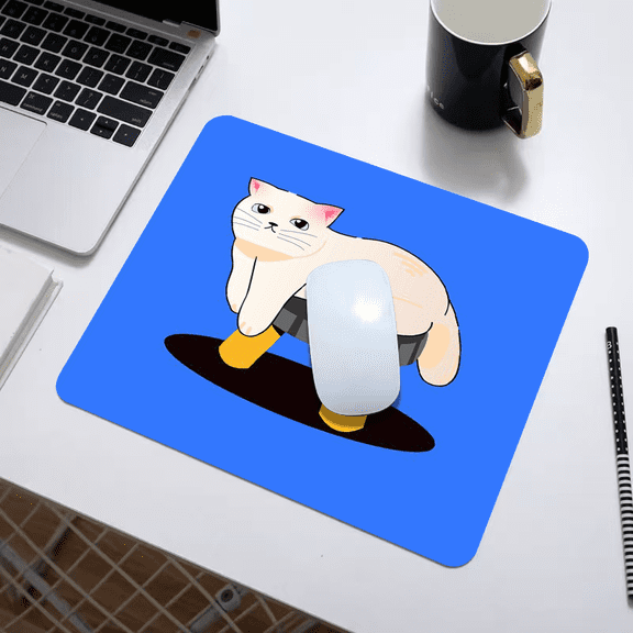 Cartoon White Cat on Stool Mouse Pad 9.44 x 7.87 Inches - Fun Desk Accessory for Office and Gaming