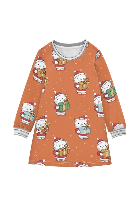 Cartoon White Cats Holding Christmas Gift Long-sleeved Dress A-line One-Piece Dress for 2-8 Years Casual Party 3T