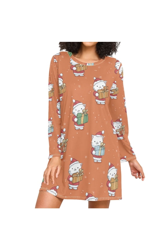 Cartoon White Cats Holding Christmas Gift Women's Long Sleeves Nightgowns Sleepwear Soft Pajama A-line Sleep Dress XXL