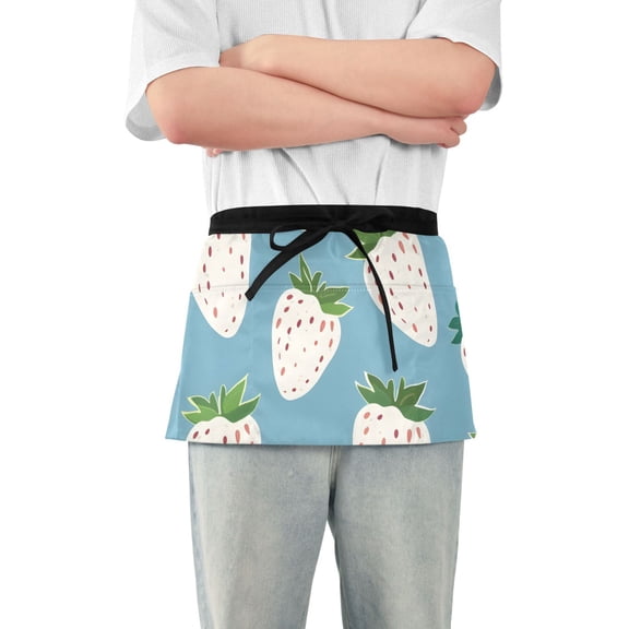 Cartoon White Strawberries Short Server Apron with 3 Pockets for Unisex Chef Gardening