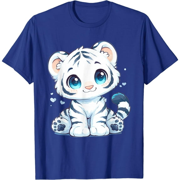 Cartoon White Tiger Cute Softstyle Unisex T-Shirt,Royal Blue Color,Size YXL