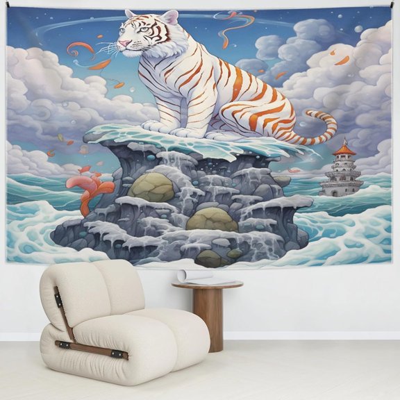 Cartoon White Tiger Tapestry Hanging Art Decor for Bedroom Cute Tapestries Aesthetic Wall Blanket Hung for Bedroom Dorm Living Room Multicolor 30" X 40" Gifts Ready Wall-Carpet With Hooks