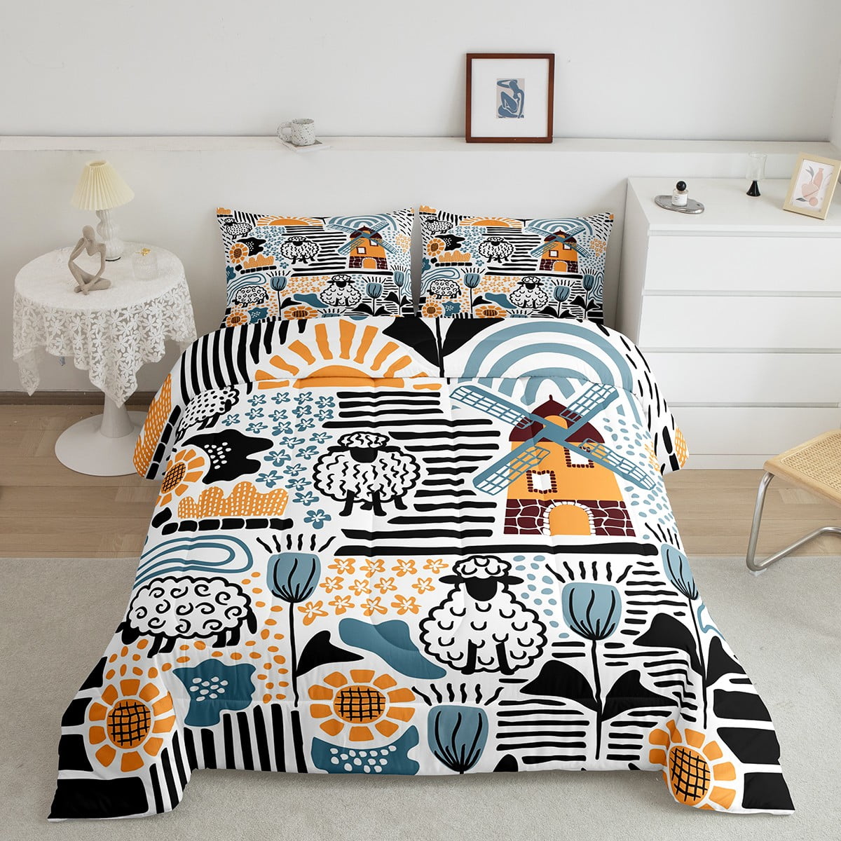 Cartoon Windmill Bedding for Kids Toddler Rustic Farmhouse Bedding