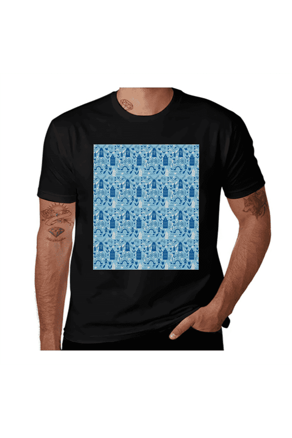 Cartoon Windmills Design-Dutch-Pale Blue-Navy Blue-White Casual Streetwea Everyday Tshirt Comfortable Wear tee shirt
