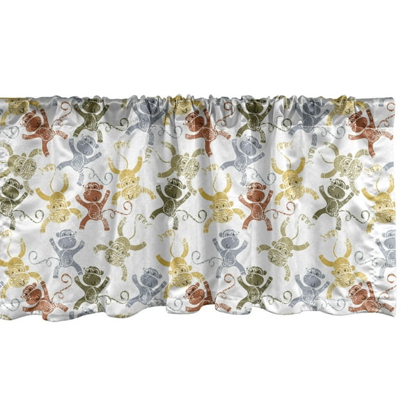 Cartoon Window Valance, Monkeys Hand Drawn Nature Wildlife Characters with Grunge Effect, Curtain Valance for Kitchen Bedroom with Rod Pocket, 54" X 12", Multicolor, by Ambesonne