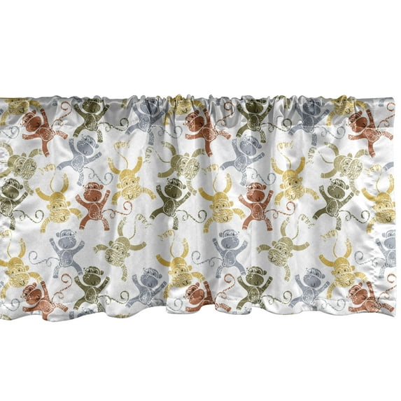 Cartoon Window Valance, Monkeys Hand Drawn Nature Wildlife Characters with Grunge Effect, Curtain Valance for Kitchen Bedroom with Rod Pocket, 54" X 12", Multicolor, by Ambesonne