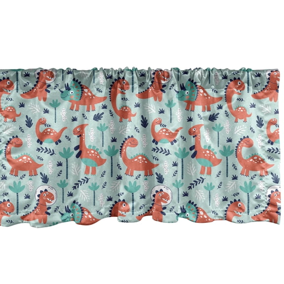Ambesonne Cartoon Valance Pack of 2, Happy Dinosaur Animals, 54"X18", Scarlet Mint Green