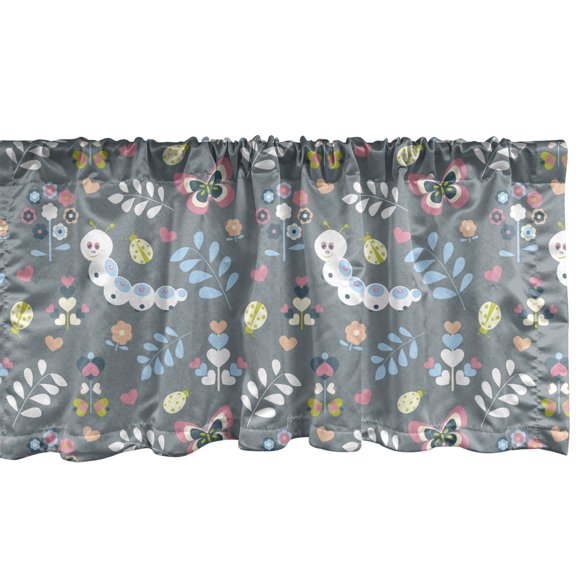 Cartoon Window Valance Pack of 2, Earth Worms Ladybugs Birds Flowers Pastel Nature Love Hearts Doodle, Rod Pocket Curtain Valances Kitchen Bedroom, 2 Sizes, Grey Multicolor, by Ambesonne