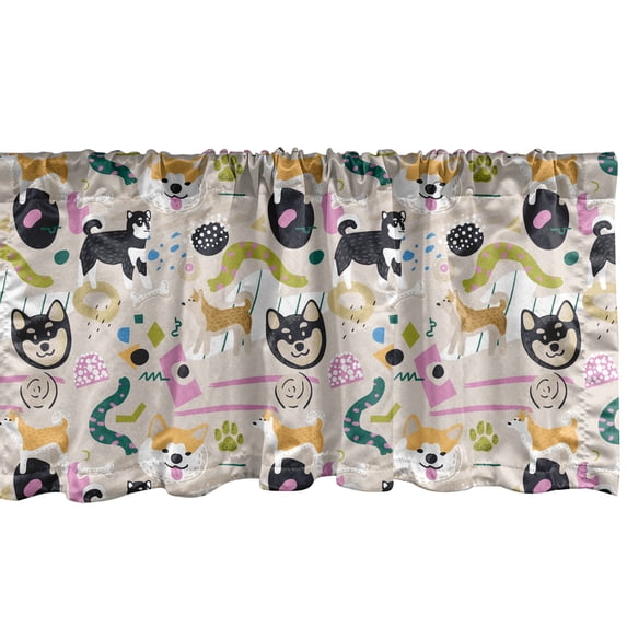 Cartoon Window Valance Pack of 2, Funny Animal Dogs and Puppies Portrait Siberian Husky Abstract Drawing, Rod Pocket Curtain Valances for Kitchen Bedroom, 54" X 18", Multicolor, by Ambesonne