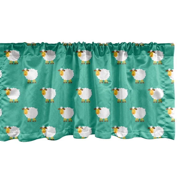 Cartoon Window Valance Pack of 2, Sheep Bedtime Theme Lamp Sleep Well Concept Pattern, Rod Pocket Curtain Valances for Kitchen Bedroom, 54" X 12", Sea Green Orange White, by Ambesonne